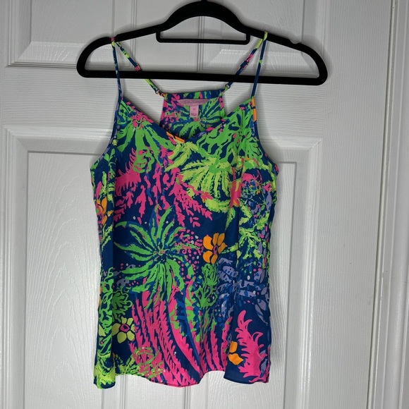 LILLY PULITZER 100% Silk Dusk Racerback Tank Neon Floral Print‎ Size XS - Picture 3 of 7